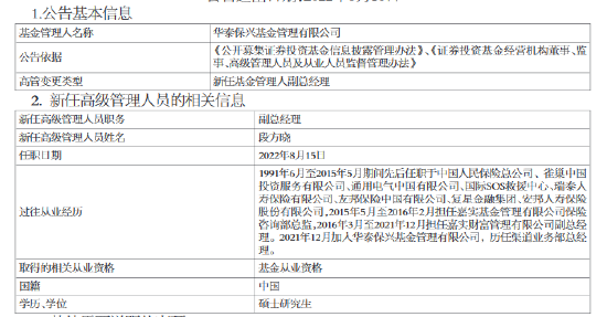 华泰保兴基金新任段方晓为副总经理 曾任嘉实财富管理有限公司副总经理