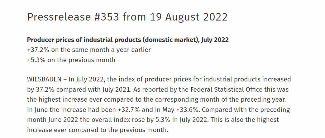 不断捅破历史新高！德国7月PPI达到37.2% 官方感叹前景黯淡